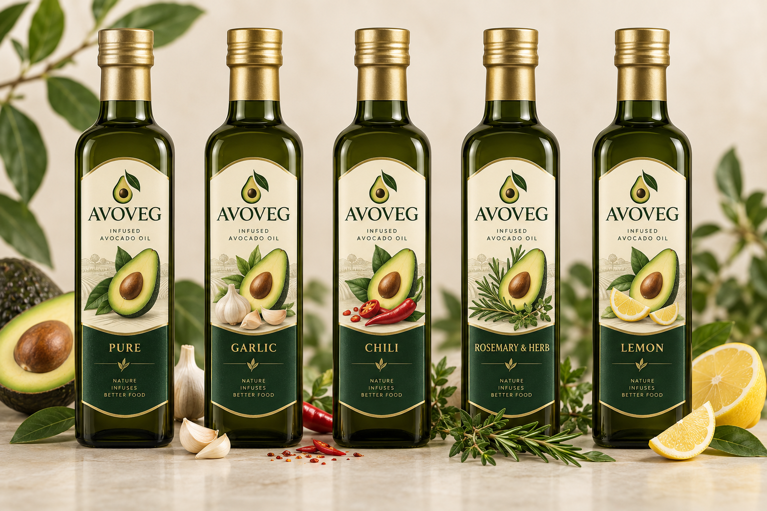 Concept lineup of Avoveg Pure, Garlic, Chili, Rosemary and Herb, and Lemon avocado oil bottles