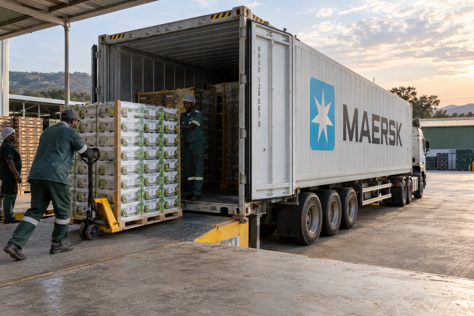 Pallets of boxed avocados loading into a 40-foot Maersk refrigerated container