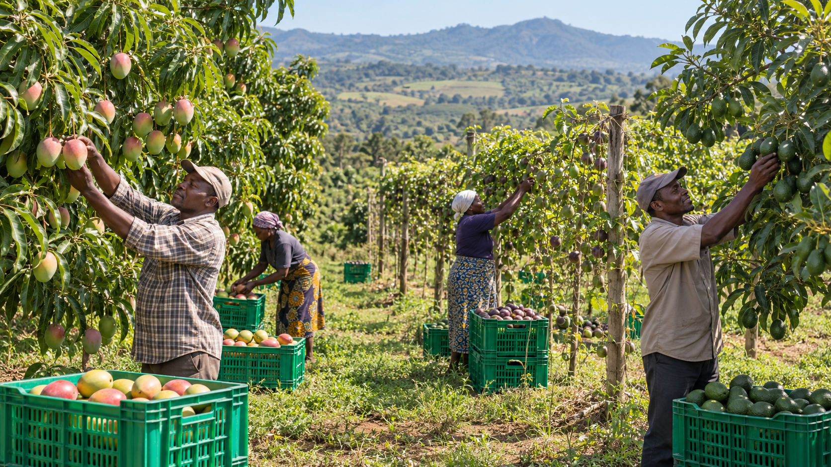 Farmers harvesting mangoes, passion fruit and avocados